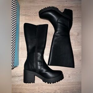 Black tall chunky heel boots